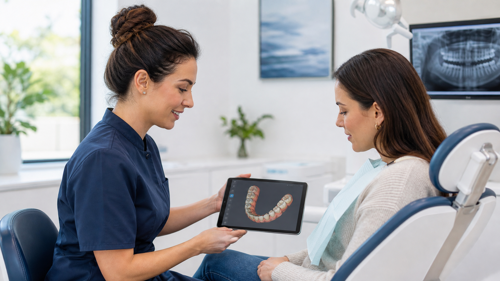 Dentist reviewing a digital dental scan with a patient